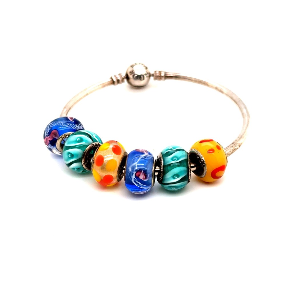 Pandora Sterling Silver Bangle Bracelet with 6 Colorful Glass Charms